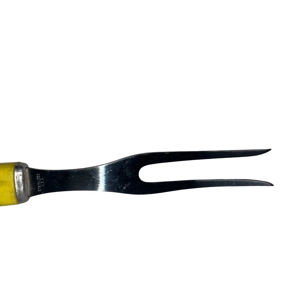 Vintage | Stainless USA | Carving Fork‎ | Plastic Yellow Handle Kitchen | FLAW